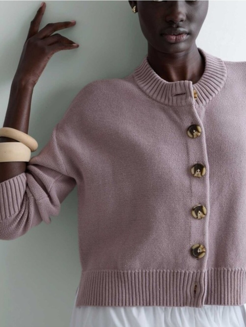 Quince 100% Organic Cotton Cropped Cardigan Lavender Crewneck Button